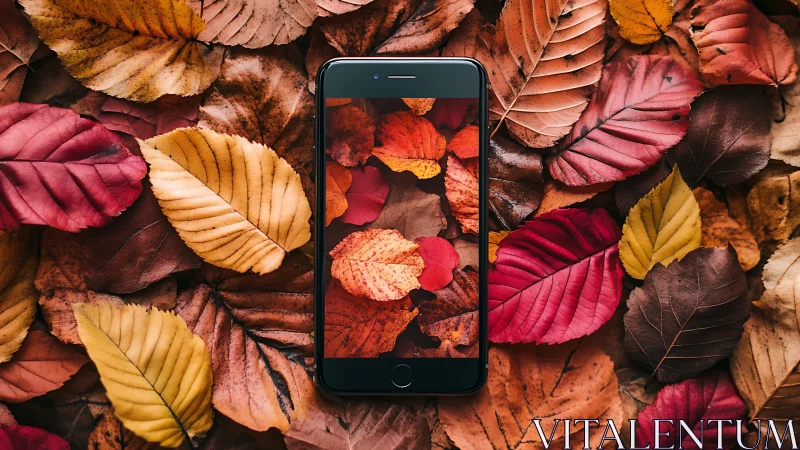 Warm autumn leaves surrounding a phone framed in color.