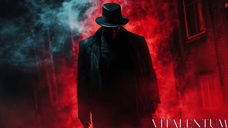 Crimson alley phantom in a black coat stalking through smoke.