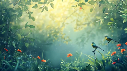 Sunlit songbirds rest in a glowing, dreamlike garden glade