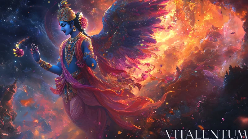 Celestial blue deity soars through radiant cosmic firestorm.