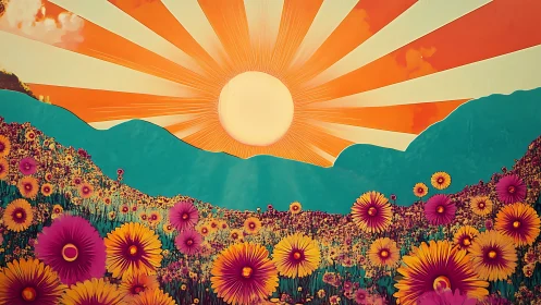 Radiant stylized sunrise illuminates vibrant floral landscape
