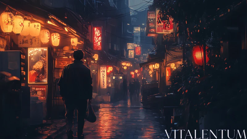 Lantern-lit alley whispers neon stories to a lone wanderer