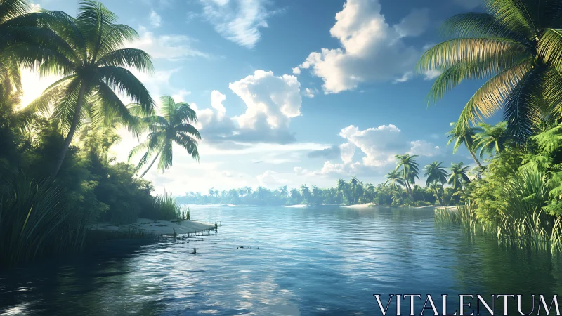 Tropical Waterway with Emergent Vegetation and Atmospheric Perspective.