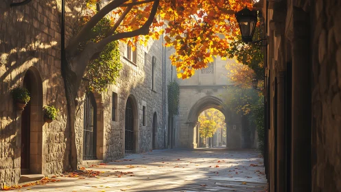 Autumn sunlit stone arcade frames narrow medieval passageway
