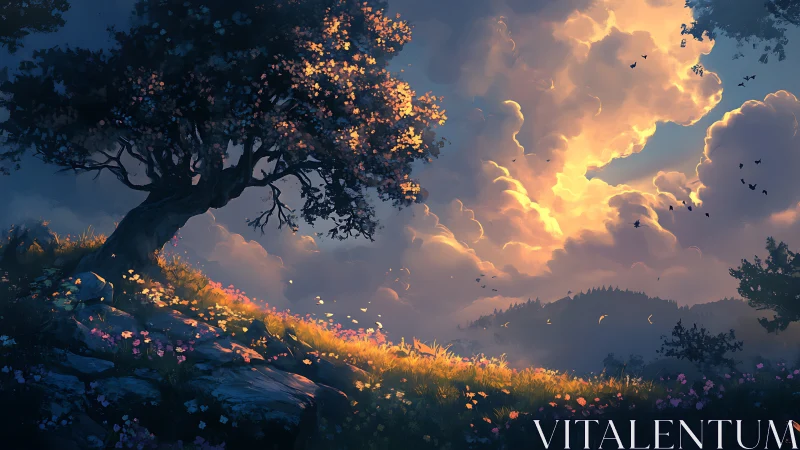 Sunlit hillside tree under dramatic painterly sky at dusk.