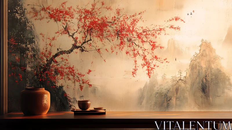 Whispered tea ceremony beneath crimson mountain blossoms.