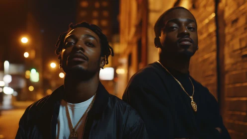 Two men in urban night alley with warm street lighting.