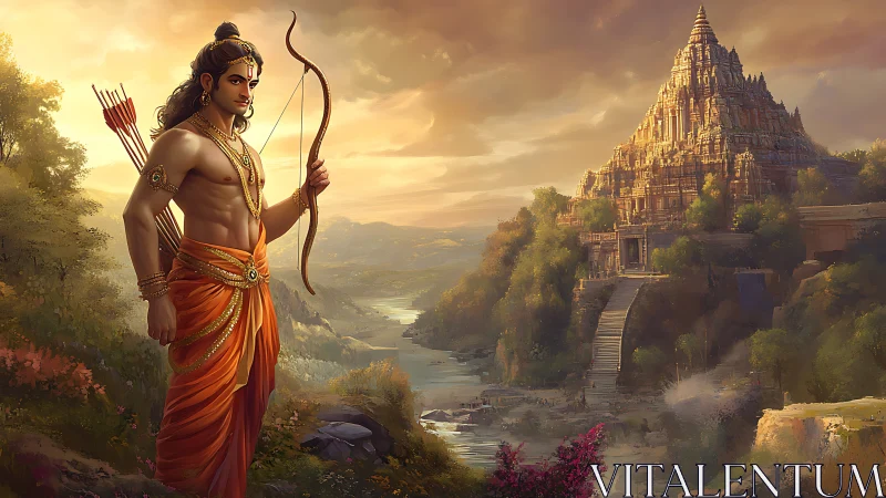 Bow-armed figure before river valley and stepped temple at dusk.