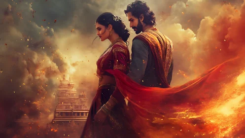 Two figures in traditional attire amid smoke and embers.