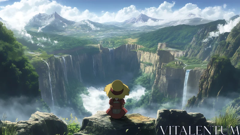 Young traveler contemplates a vast waterfall-scarred valley