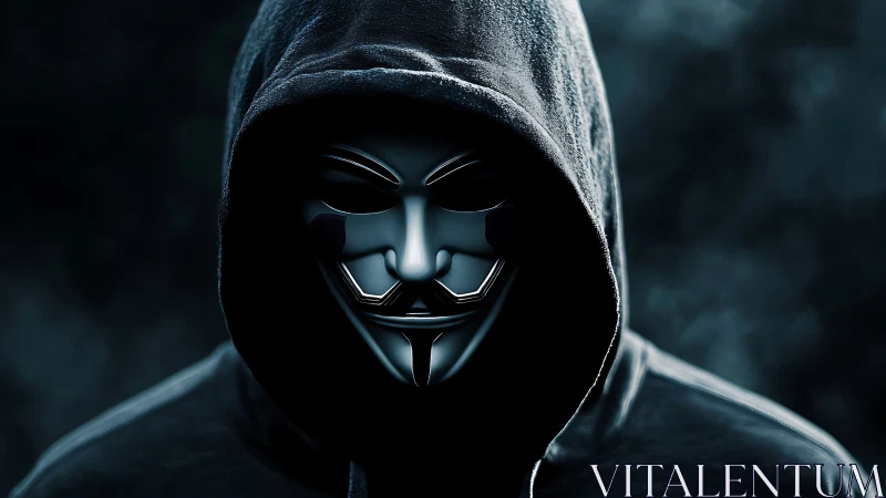 Midnight hacker in gleaming mask beneath a rain-dark hood.