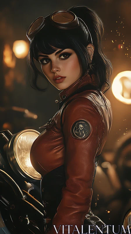 Retro moto aviatrix in cinematic low-key digital rendering.