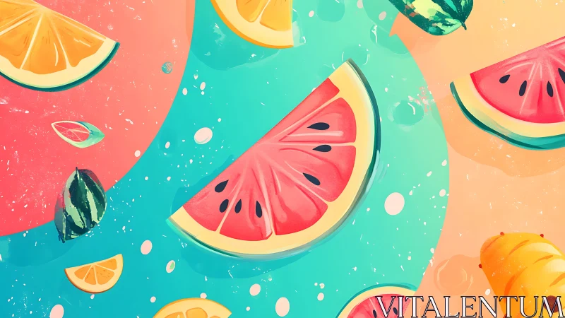 Juicy summer fruit slices float in playful pastel color waves