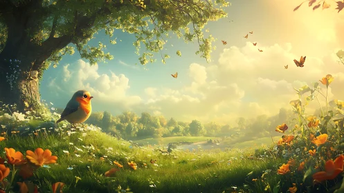 Charming robin in sunlit meadow, fantasy art landscape scene.