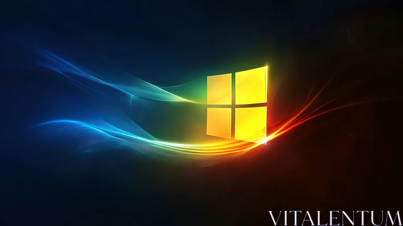 Glowing window icon with spectral light trails on dark gradient field