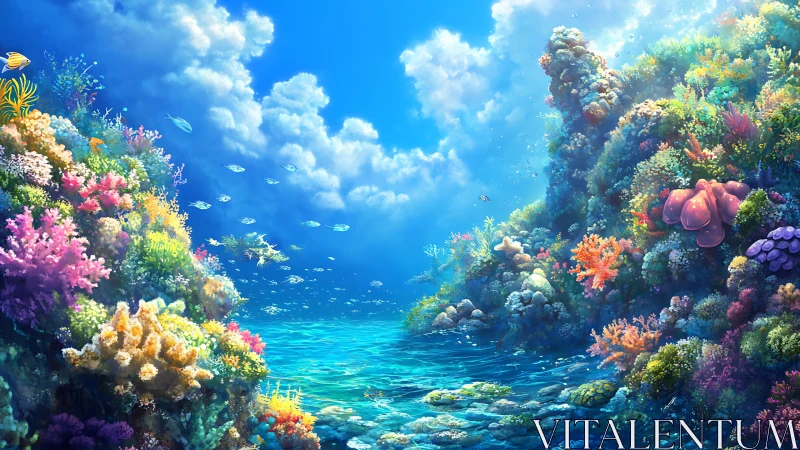 Luminous coral reef panorama under crystalline tropical water.