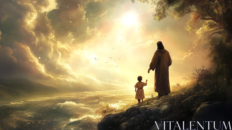 Digital painting of spiritual shoreline walk in radiant light.