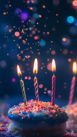 Lit Birthday Candles on Frosted Cake Against Bokeh Particle Background