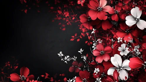 Red White Flowers Against Black. Artistic Floral Design.