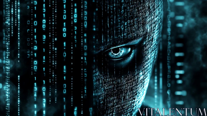 Cybernetic face emerges through cascading binary code haze