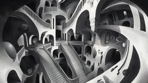 Escher inspired grayscale labyrinth of non Euclidean stairways