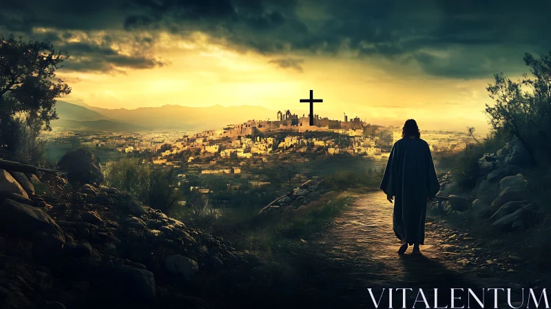 Pilgrim strides toward golden city crowned by distant cross.