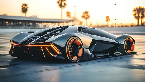 Futuristic low-profile sports car stands on sunlit racetrack