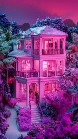 Neon-lit tropical villa in saturated cinematic 3D render.
