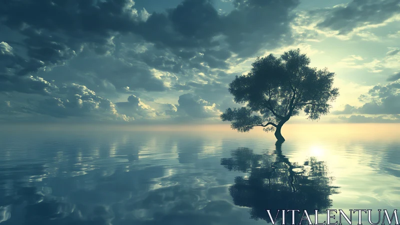 Solitary tree in tranquil water at sunrise, surreal landscape art.