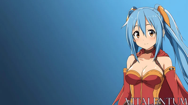 Blue haired anime girl in red fantasy outfit stands right