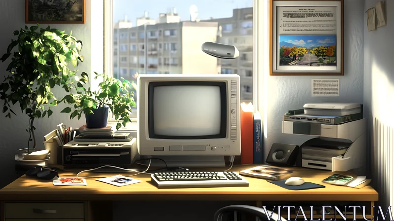 Sunlit retro computer workstation in nostalgic home office.