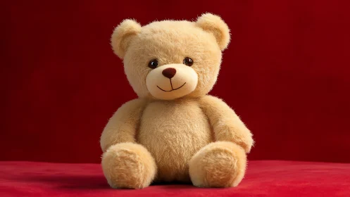 Soft beige teddy bear sits against rich red velvet backdrop.