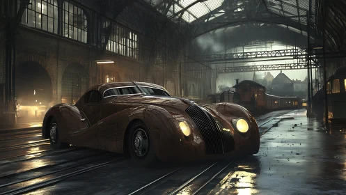 Streamlined vintage coupe idles in rain-soaked train depot
