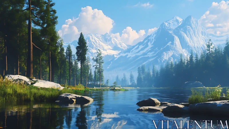 Alpine river mirror beneath storybook snow crowned peaks.