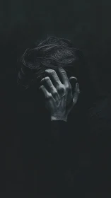 Moody portrait of a person hiding face in shadowed hand.