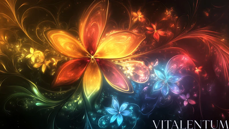 Luminous fractal flowers radiate multicolor cosmic energy.