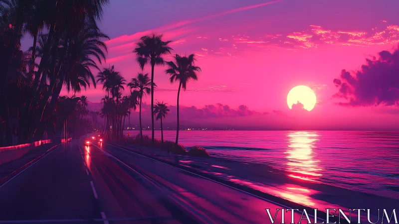 Neon sunset highway lines reflect across tropical shoreline.