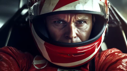 Racing driver locks eyes with camera in tense cockpit close-up