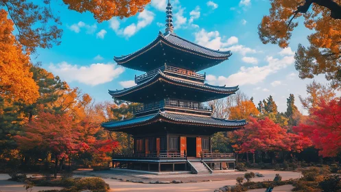 Japanese pagoda rises amid vivid autumn maple grove.