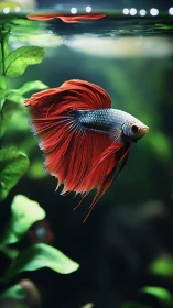 Red betta fish swimming in planted freshwater aquarium tank.