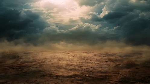 Stormlit barren plain stretches beneath turbulent clouds