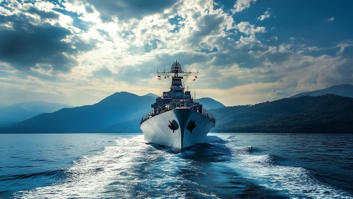 Photorealistic naval warship advancing on reflective seascape.