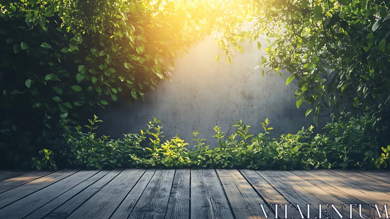 Sunlit garden wall with dense green leaves and deck.
