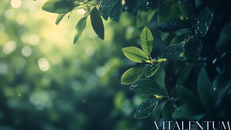 Rain-kissed green leaves against soft bokeh forest light.