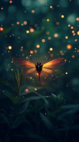 Illuminated dragonfly above foliage in dark forest setting.