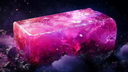 Radiant magenta crystal block glows in a cosmic misty void