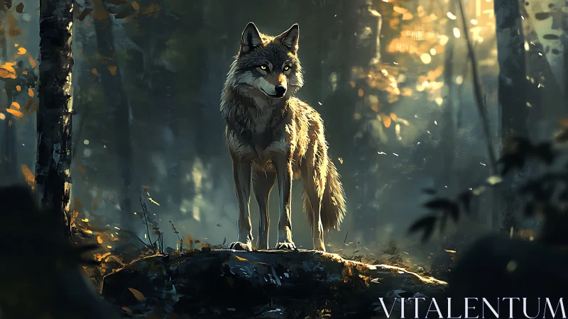 Backlit wolf on forest outcrop under volumetric morning shafts