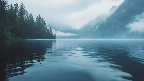 Mist covered mountain lake with conifer forest shoreline.