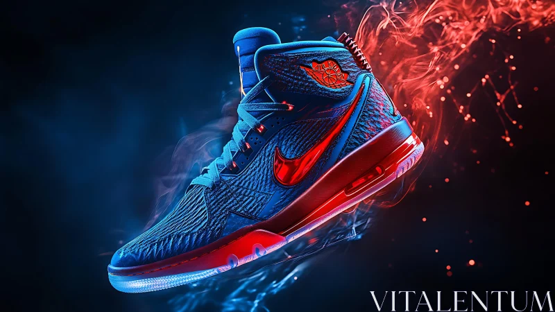 Futuristic red blue sneaker ignites neon smoke backdrop.