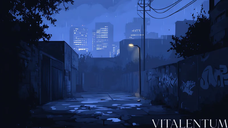 Rainy urban alley shows wet pavement reflecting city lights